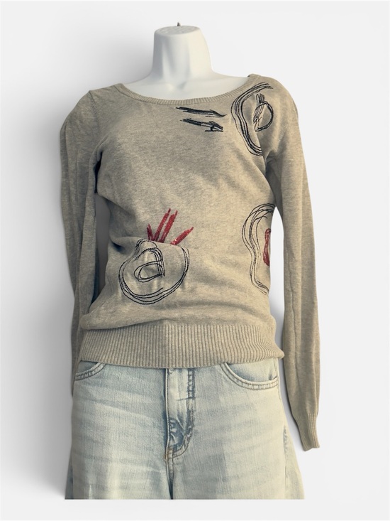 Desigual Sweaters - Vintage Desigual Grey Long-Sleeve Graphic Crewneck Sweater